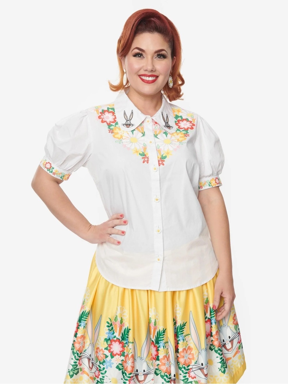 Unique Vintage Bugs Bunny White Puff Sleeve Button-Up Top with Floral Embroidery